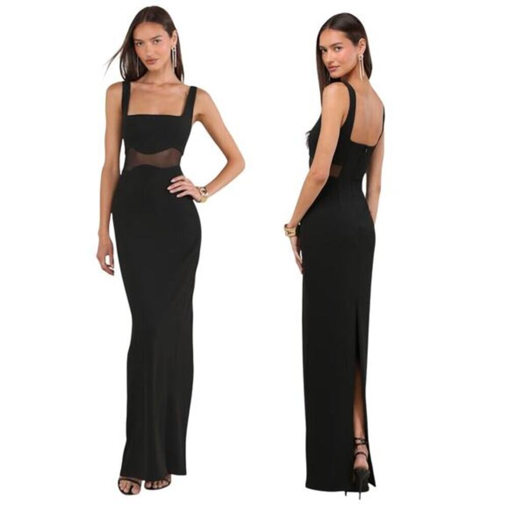 Lulu's Elegant Black Maxi Dress with Sheer Waist Panel